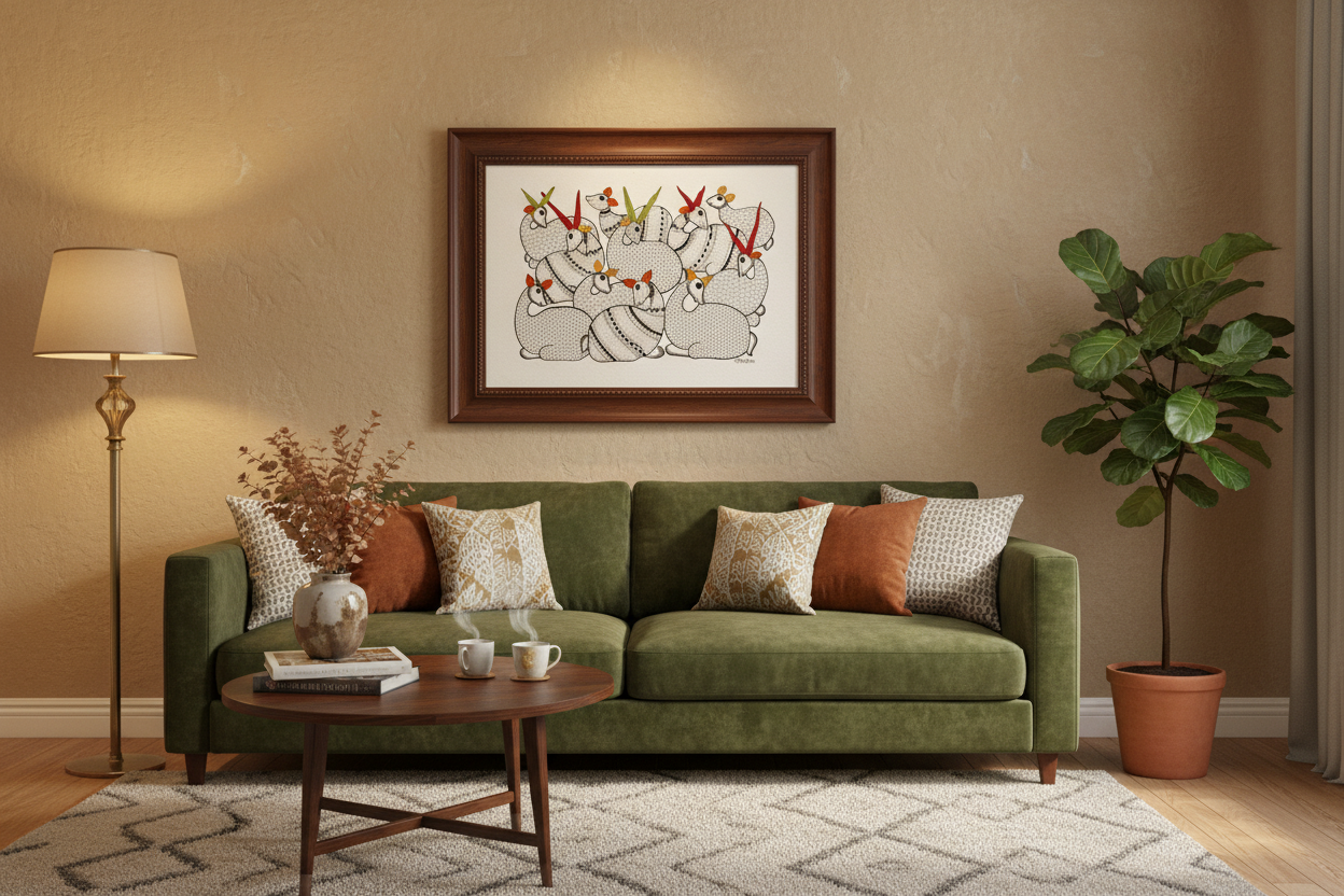 Framed Gond art painting in a Living room with a green sofa, coffee table, and decorative items.