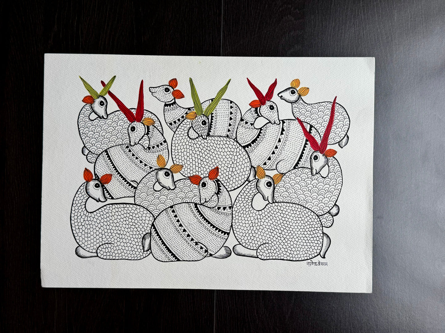Large Gond Art Painting on Handmade Paper – Gathered Animal Composition