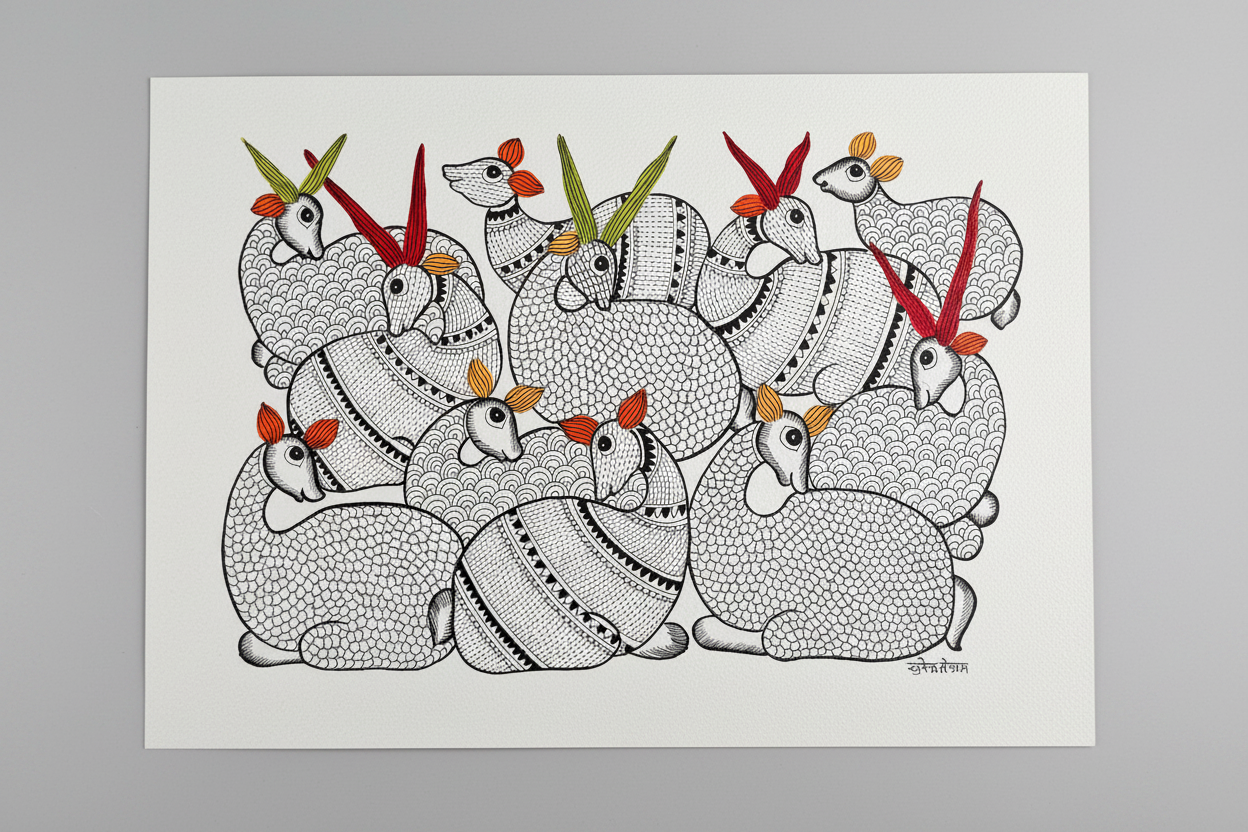 Gond Art painting of stylized animals with colorful headdresses on a gray background