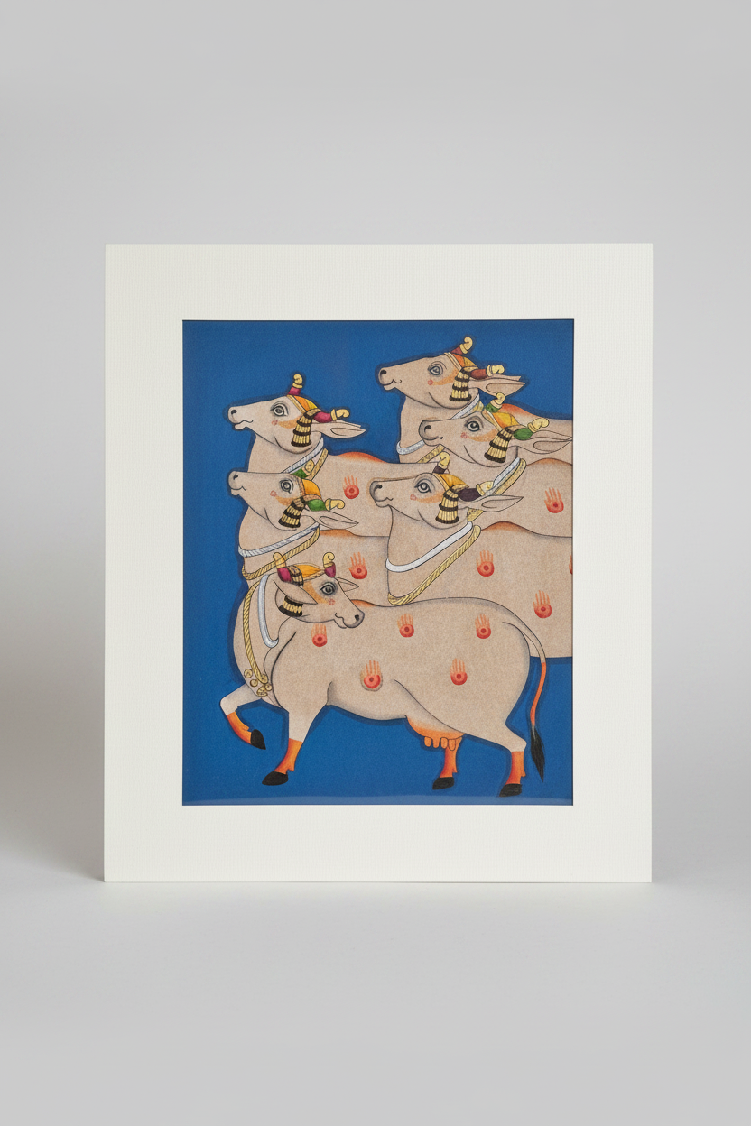 Framed Pichwai artwork of cows with decorative elements on a blue background