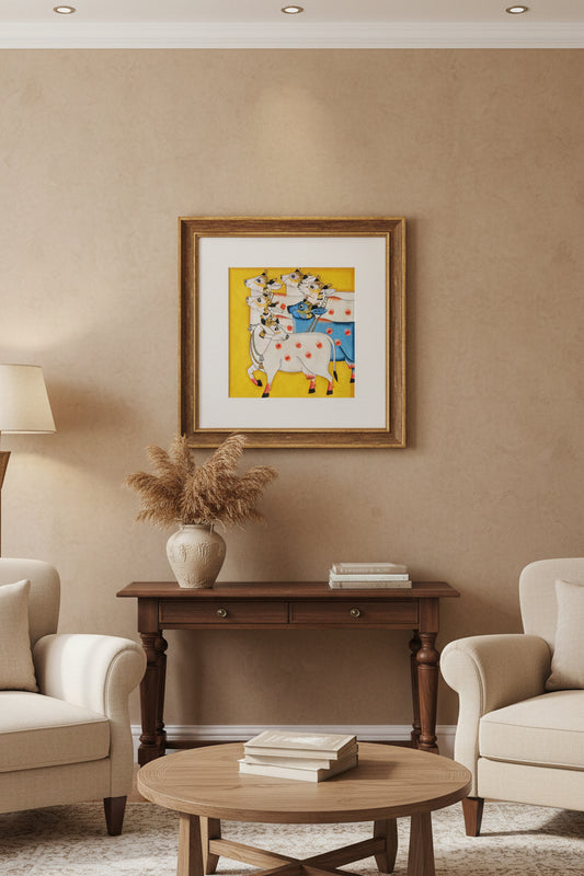 Framed PICHWAI artwork of cows on a wooden surface