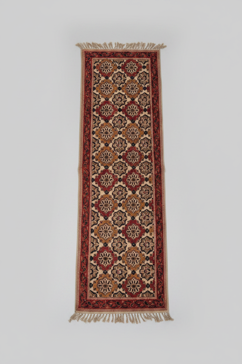 Decorative Warangal Kalamkari rug with intricate patterns on a wooden floor