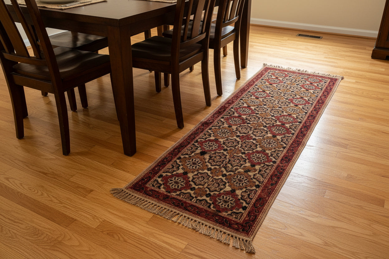 Decorative Warangal Kalamkari rug with geometric pattern on a wooden floor