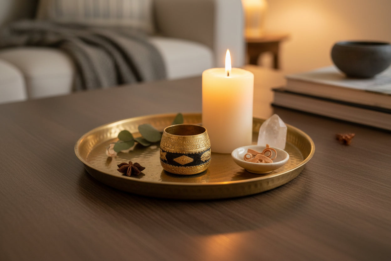 Decorative Sherpai bowl with gold and black design on a wooden surface