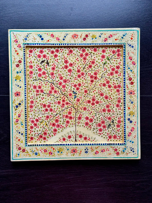 Kashmiri paper Mache Decorative square tray/wall piece  with floral pattern and tree design on a dark background