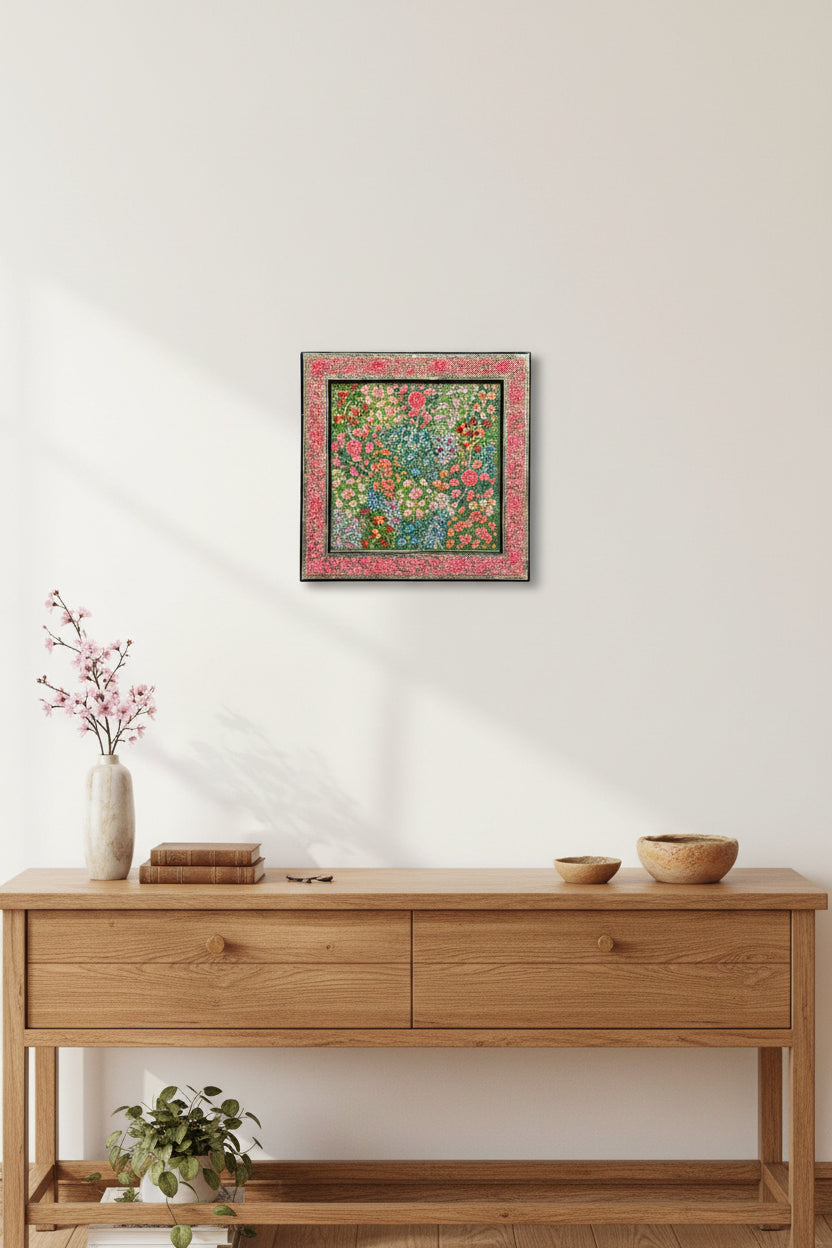 Decorative floral patterned Kashmiri paper Mache tray on a dark surface