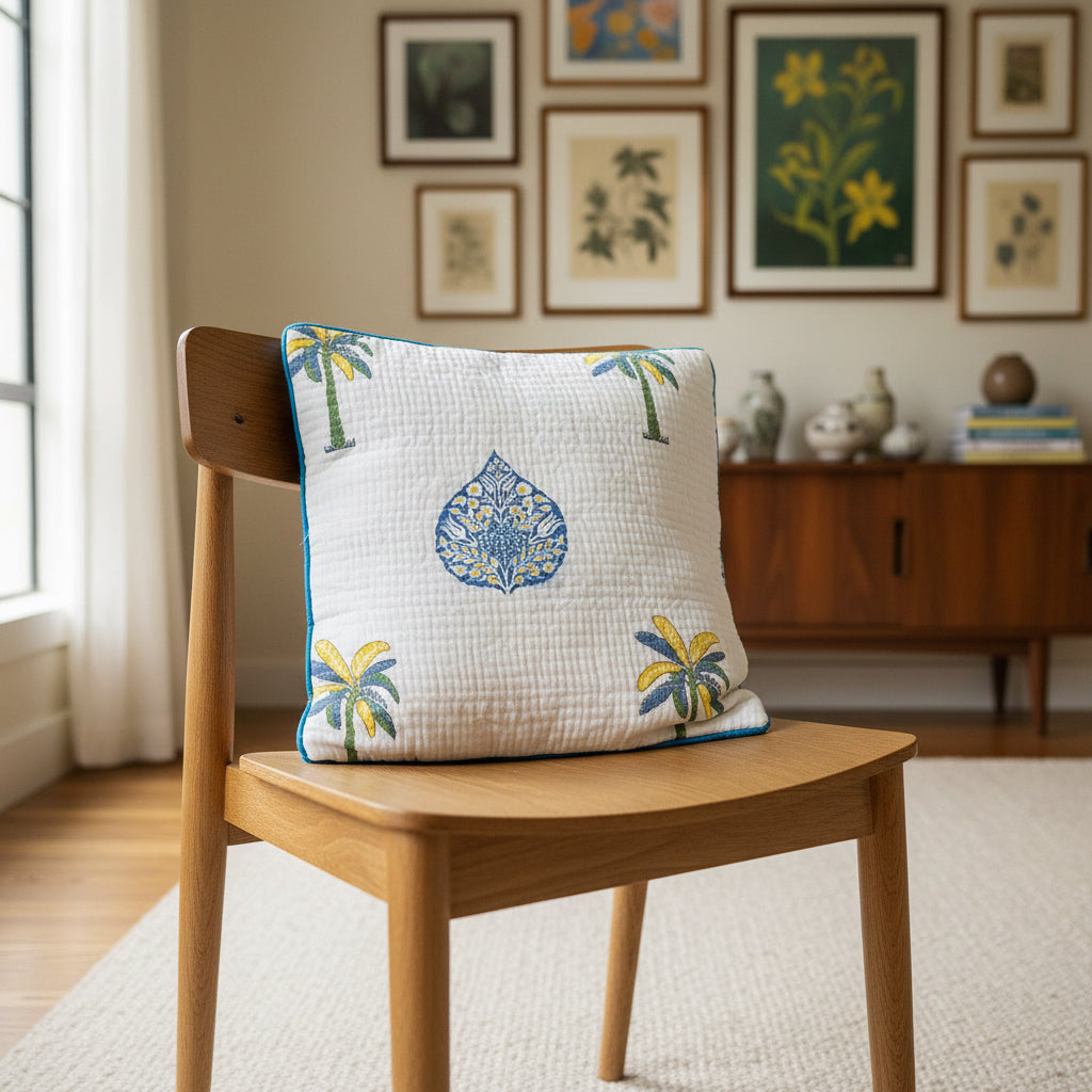 Quilted cushion cover with hand block printed palm tree and leaf pattern on a dark surface