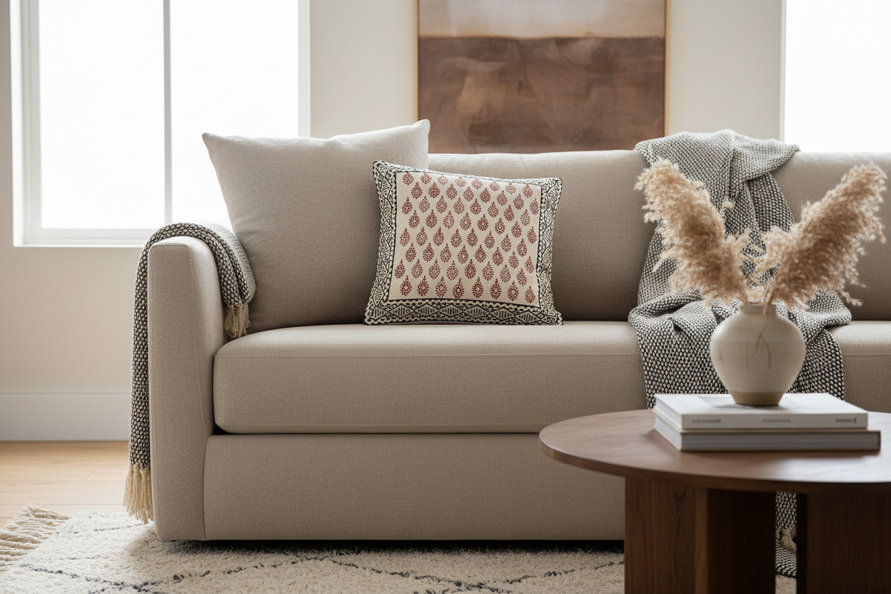 Beige sofa with Bagru hand block print pillows and a coffee table in a living room setting