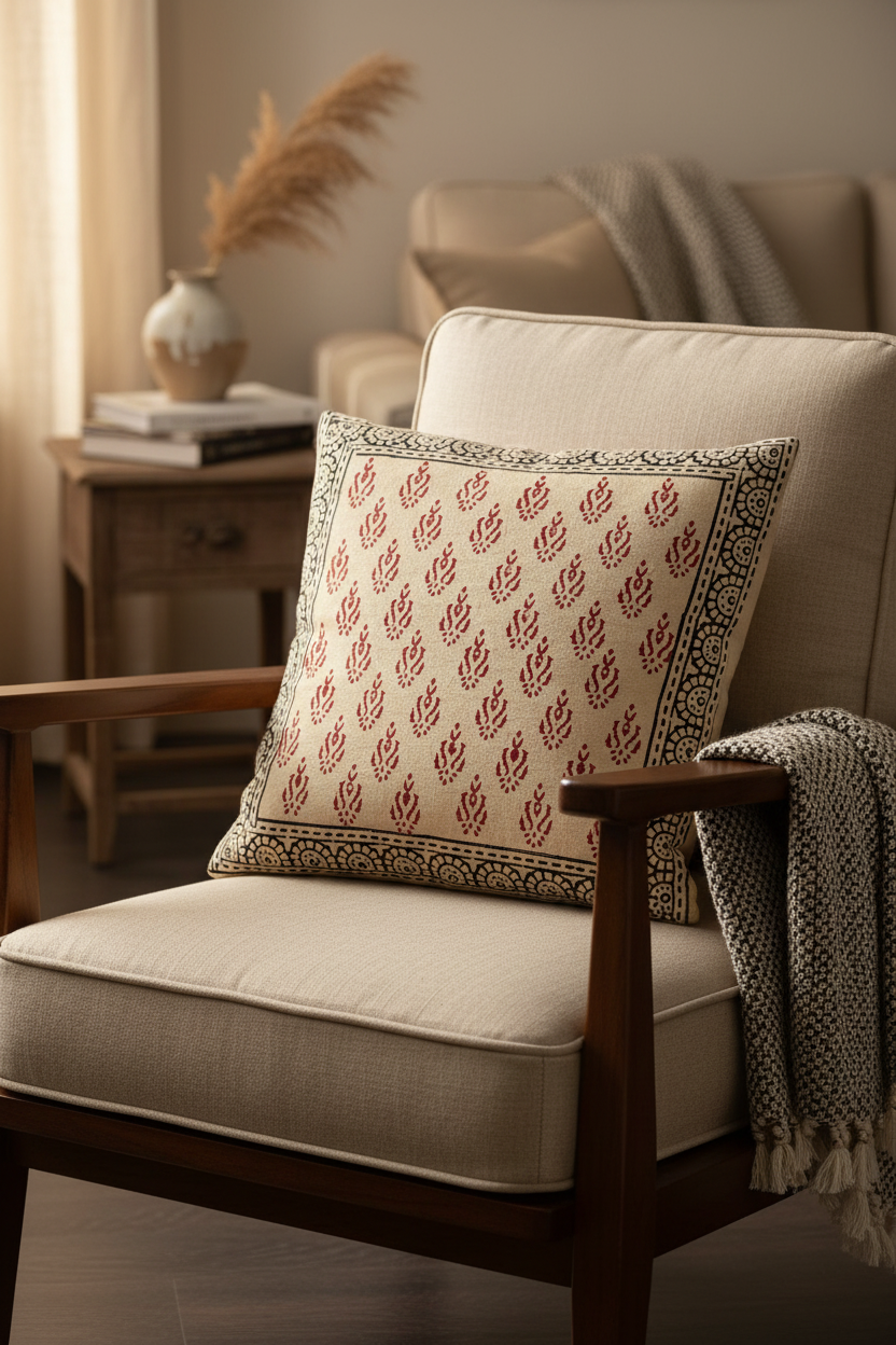 Decorative cushion cover in Bagru hand block print with leaf pattern on a beige armchair in a cozy room.