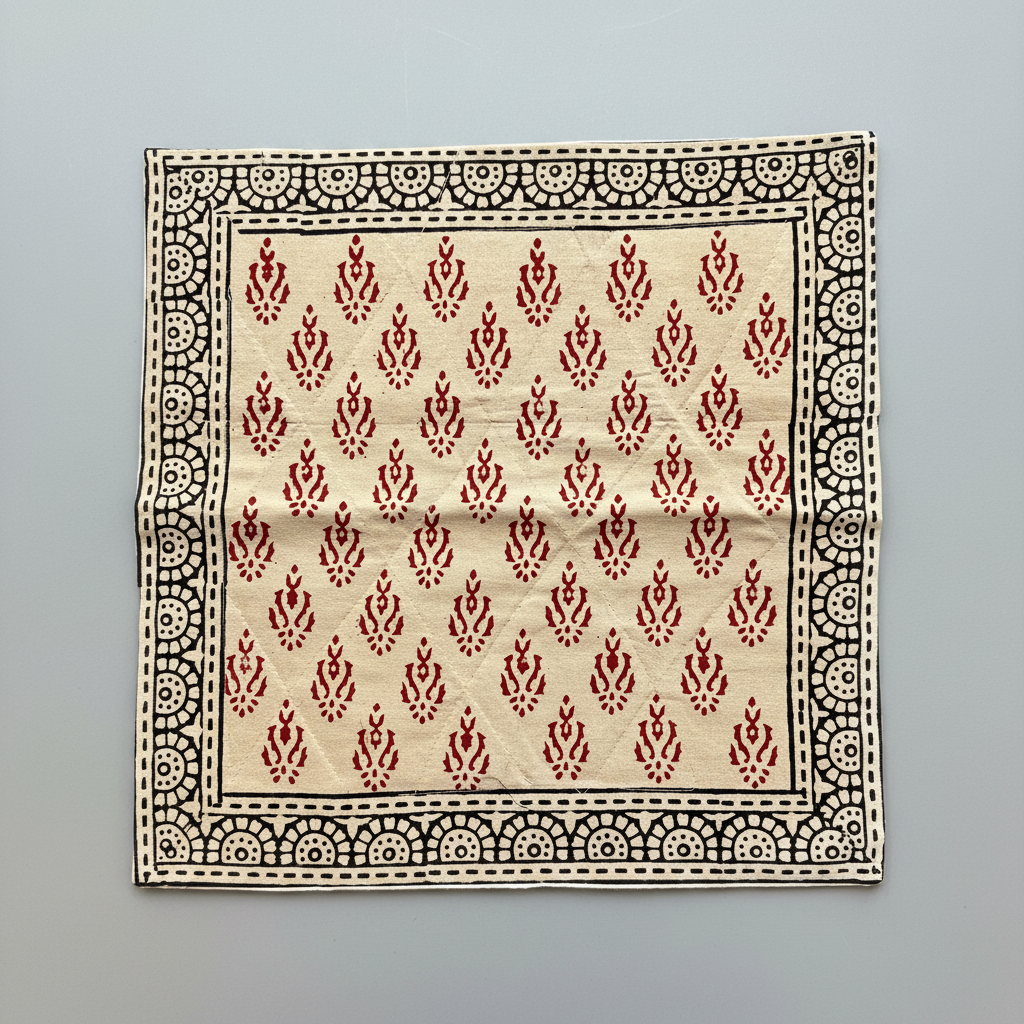 Beige fabric cushion cover in Bagru hand block print with red and black pattern on a gray background