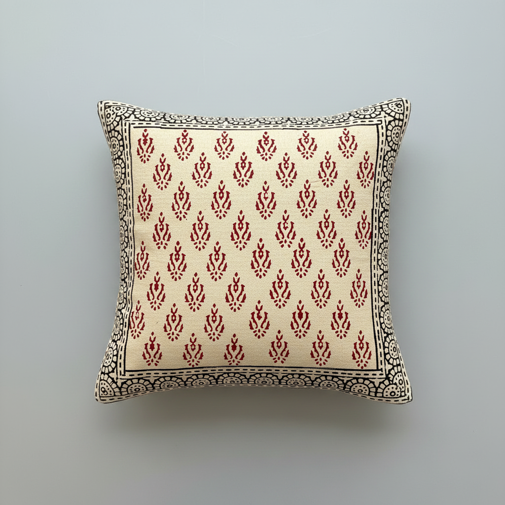 Decorative cushion cover in Bagru hand block print with red pattern on a beige background