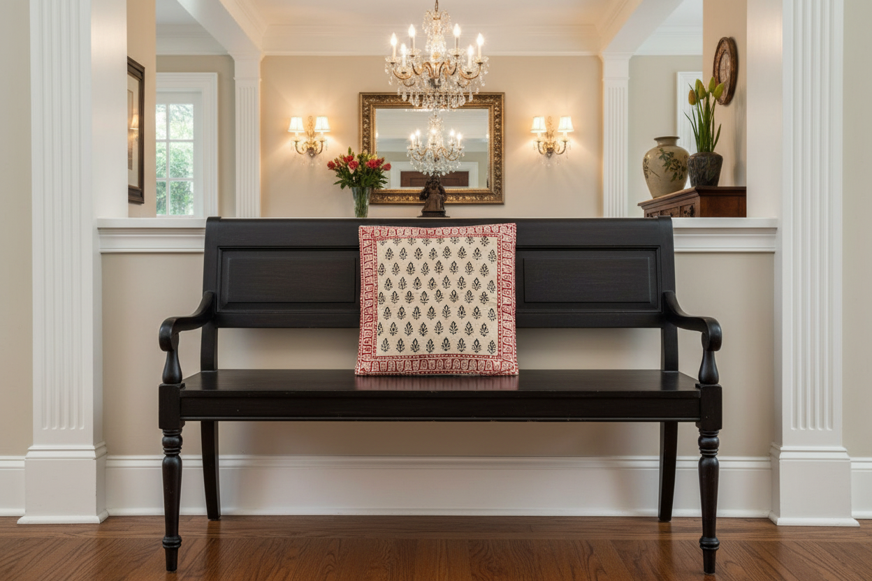 Black bench with a decorative cushion cover in Bagru hand block print in a well-decorated room with mirrors and wall lights.