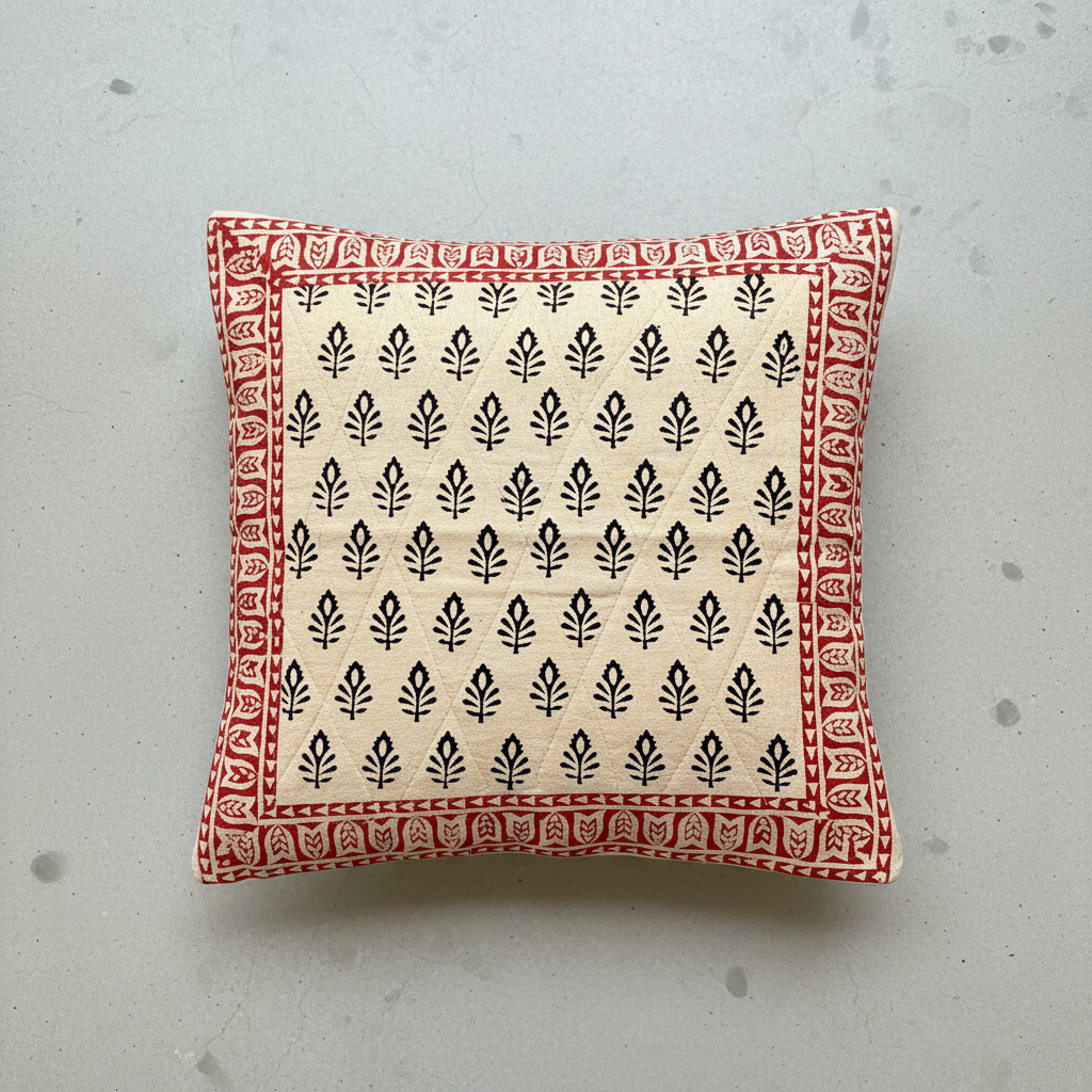 Decorative pillow with red and black in Bagru hand block print pattern on a gray surface