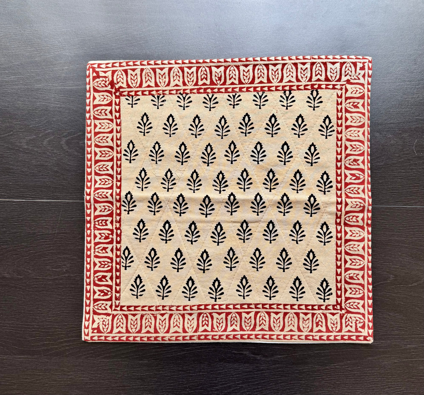 Decorative square cushion cover in Bagru hand block print with black leaf pattern on beige background, framed by red border on dark wooden surface