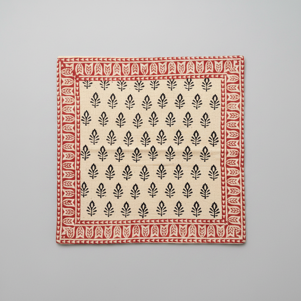 Beige fabric square cushion cover in Bagru hand block print with black leaf pattern and red border on a gray background
