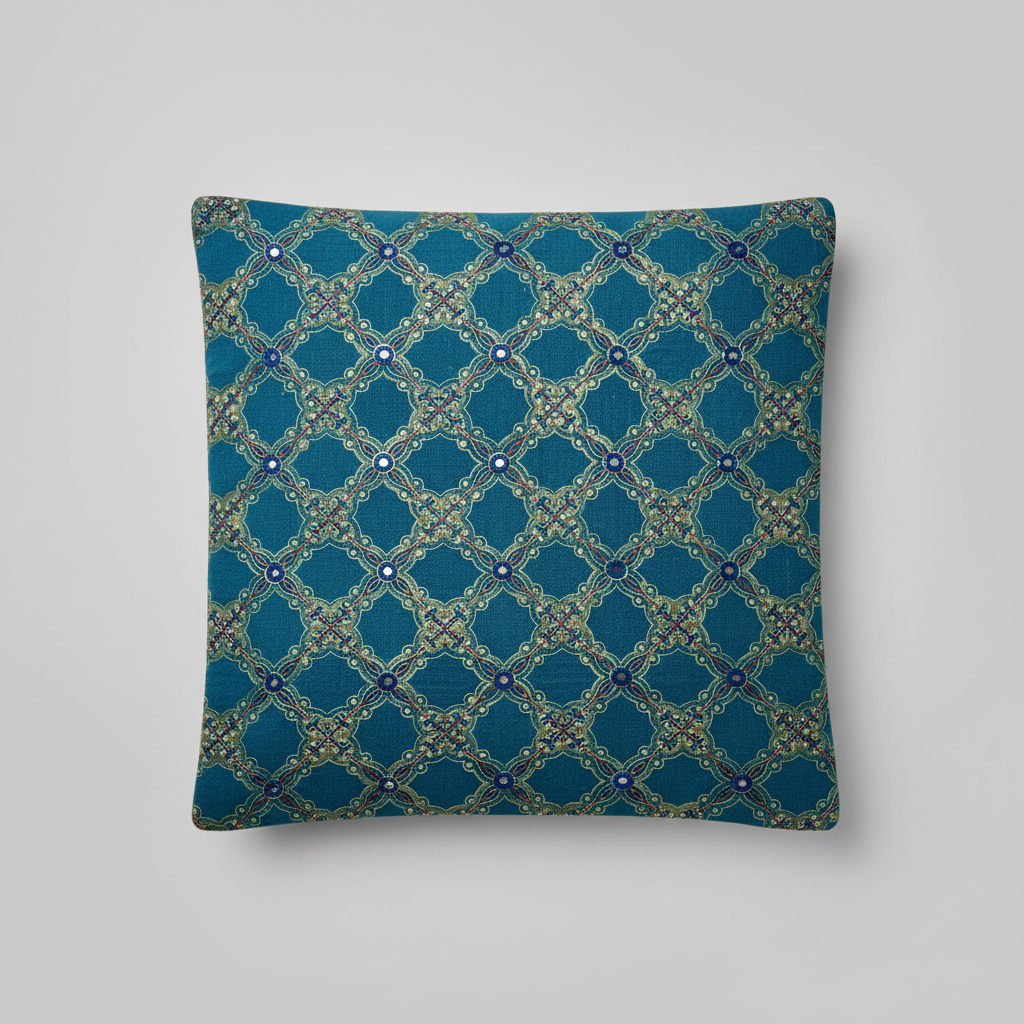 Decorative pillow in Ajrakh hand block print with geometric pattern on a gray background