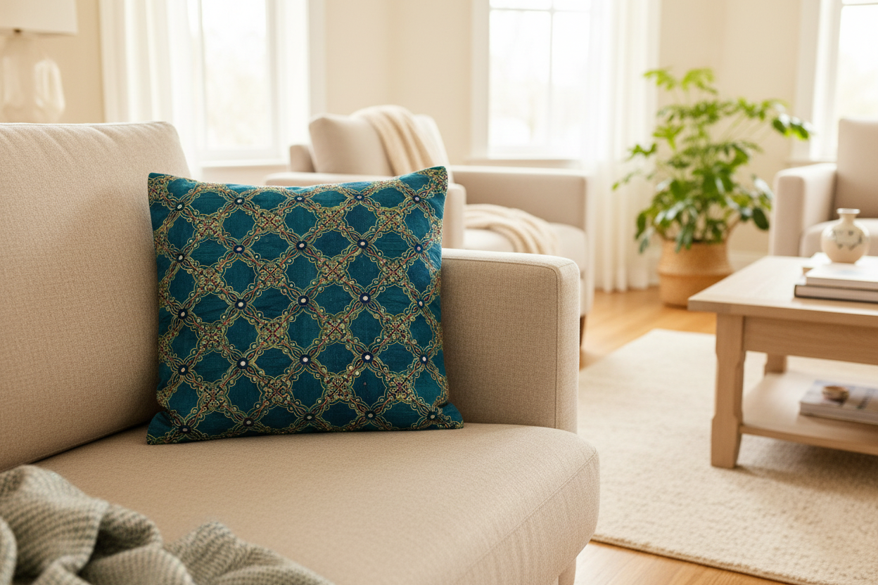 Decorative pillow in Ajrakh hand block print on a beige sofa in a living room setting with a coffee table and plant.
