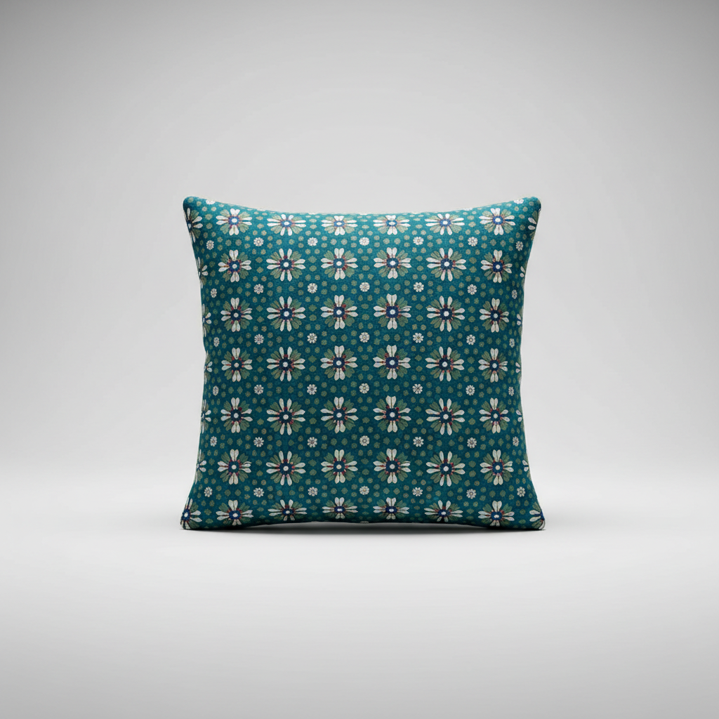 Decorative pillow with floral Ajrakh hand block print pattern on a gray background