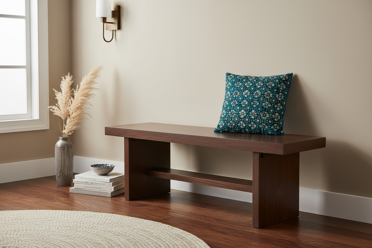 Wooden bench with a decorative pillow in Ajrakh hand block print in a room with a window and vase.