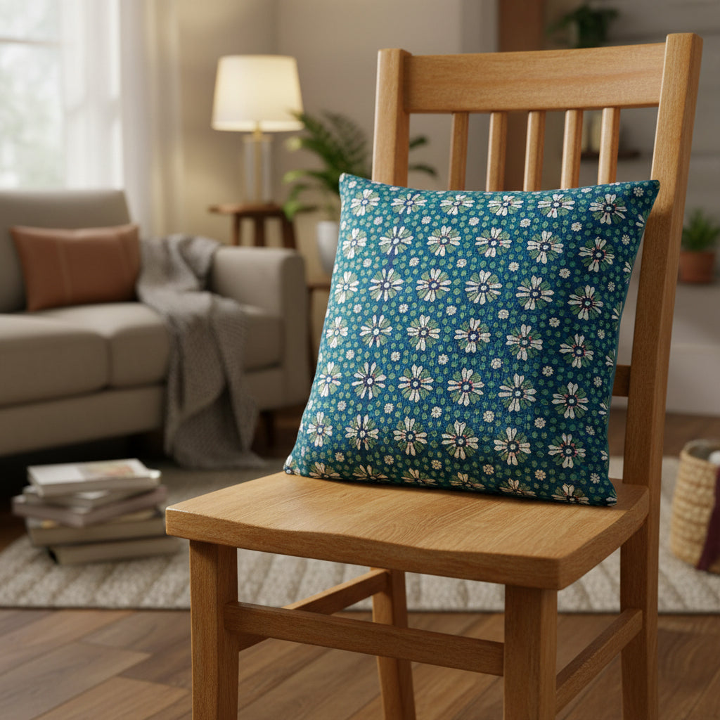 Floral patterned hand block printed cushion cover on a textured surface