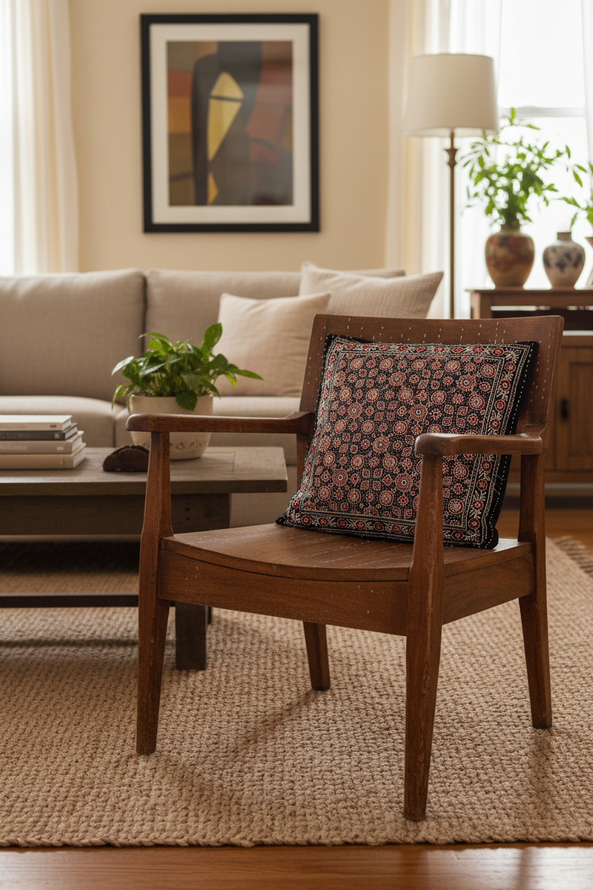 Wooden chair with a Ajrakh hand block print patterned cushion in a living room setting.