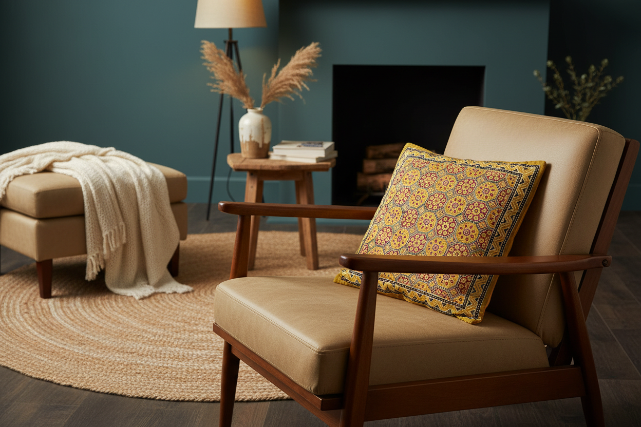 Cozy living room with beige armchair, a pillow in Ajrakh hand block print, an ottoman, and side table against a teal wall.