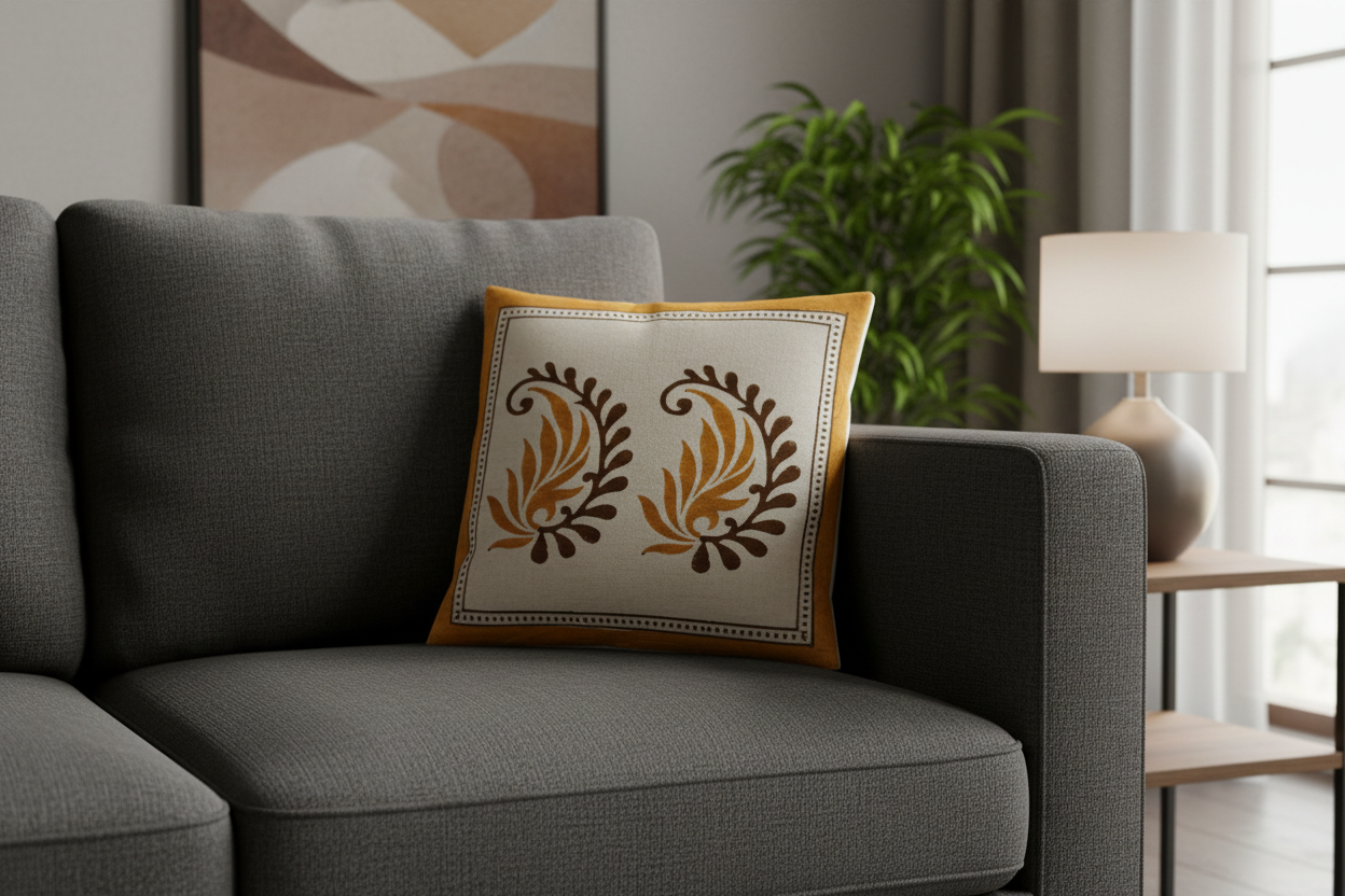 Hand block printed cushion cover with floral pattern on a gray sofa in a living room setting.