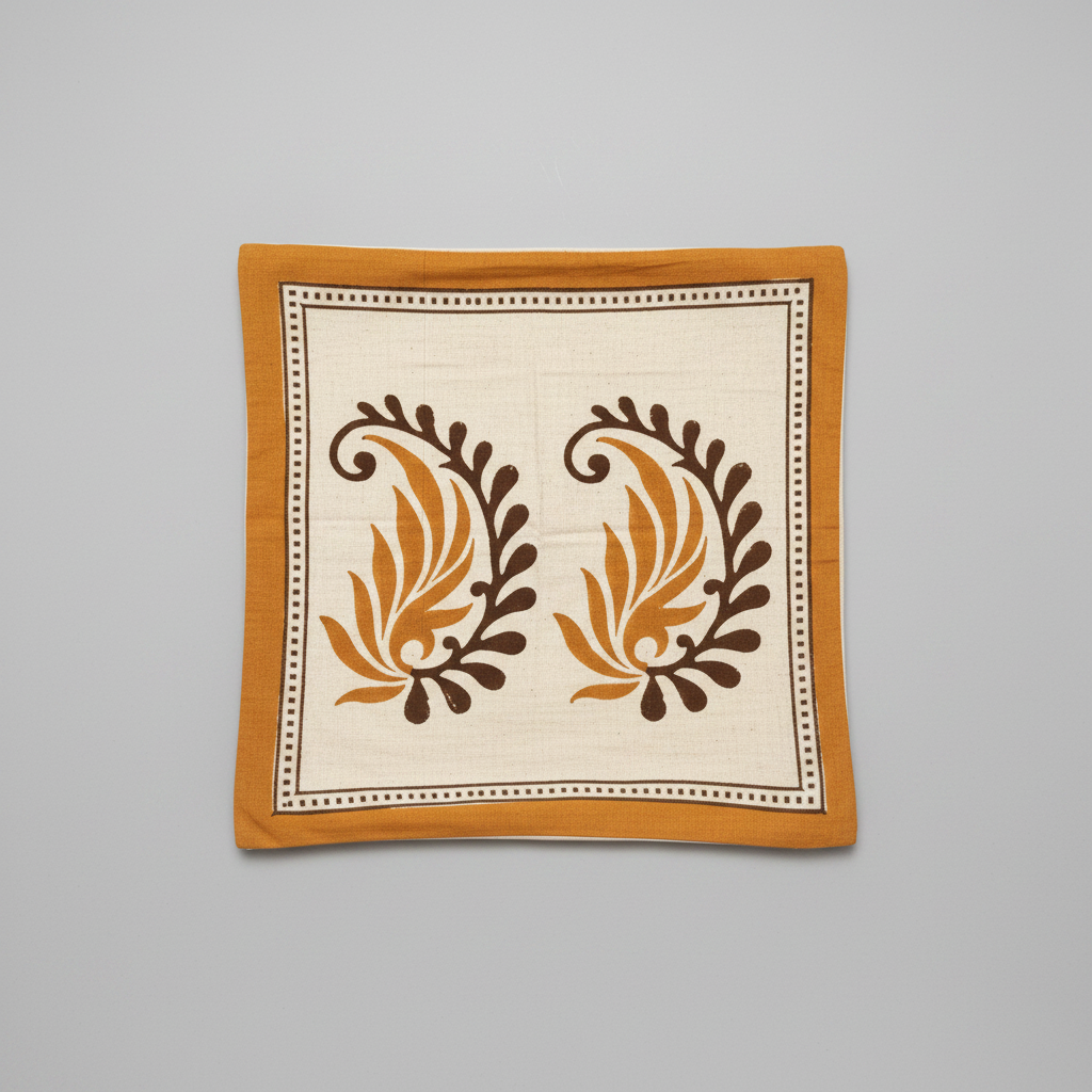 Hand block printed cushion cover with floral patterns on a plain background