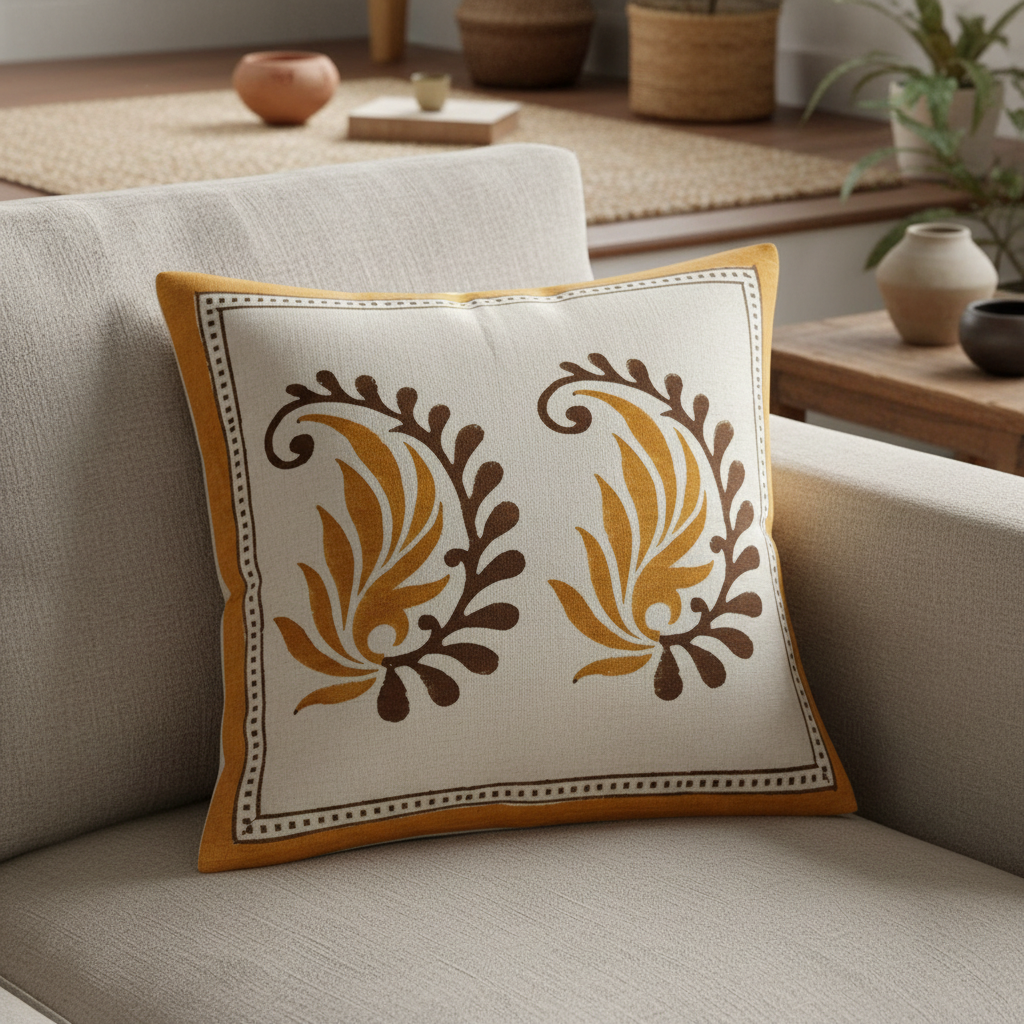 Hand block print cushion with floral patterns on a beige sofa in a cozy living room.