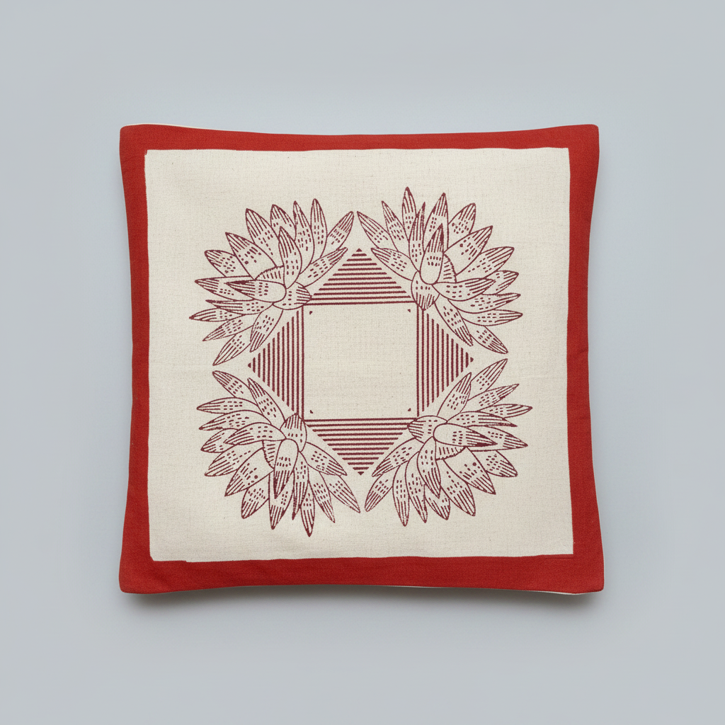 Decorative hand block printed pillow with red border and central design on a light gray background