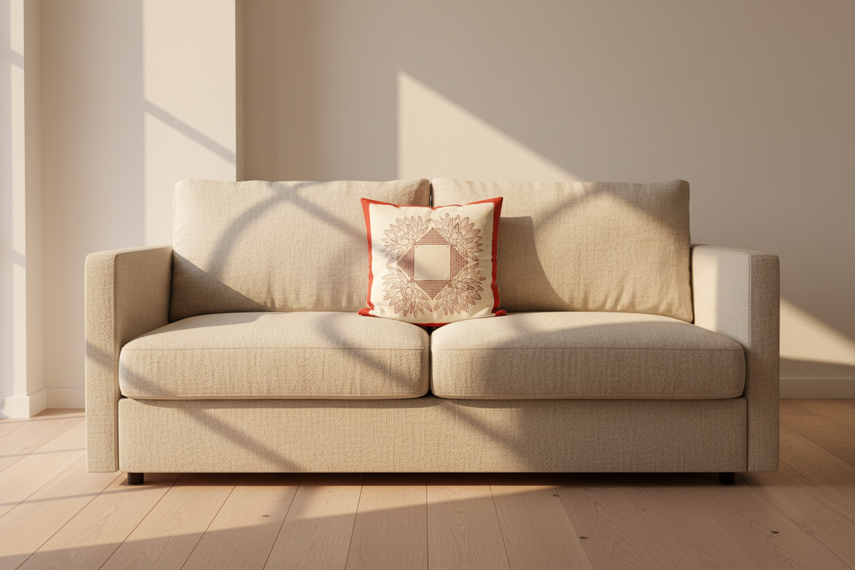 Beige sofa with a decorative hand block printed pillow in a room with wooden flooring and a neutral wall.