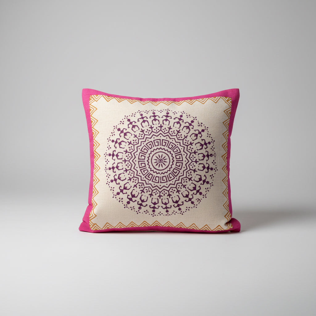 Warli design hand block printed cushion cover against a white background 