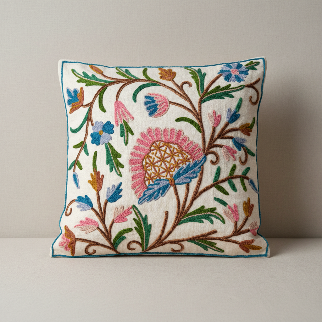 Decorative pillow with floral Kashmiri embroidery on a plain background