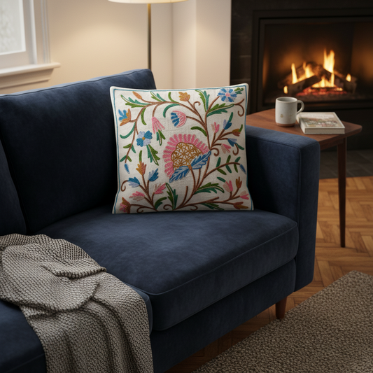 Decorative pillow with Kashmiri embroidery on a blue sofa with a fireplace in the background