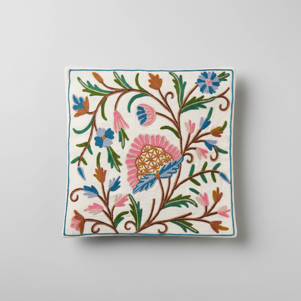 Decorative square cushion cover with floral Kashmiri embroidery on a light gray background