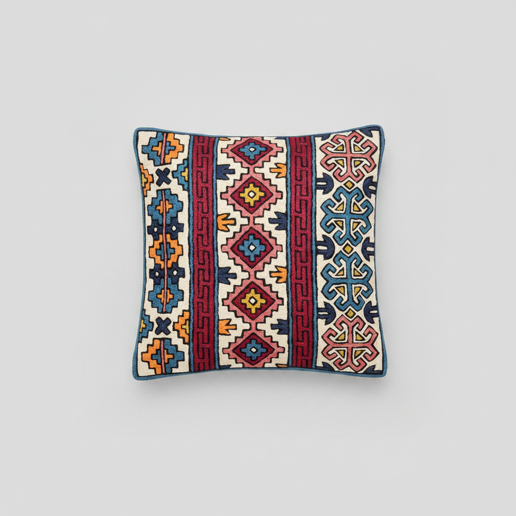 Decorative pillow with geometric Kashmiri embroidery pattern on a light gray background