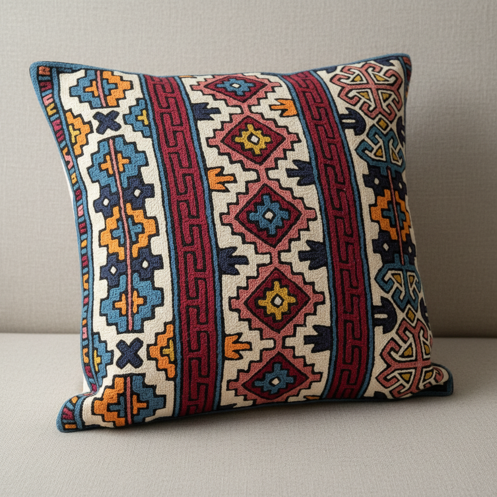 Decorative cushion cover with geometric Kashmiri pattern on a neutral background