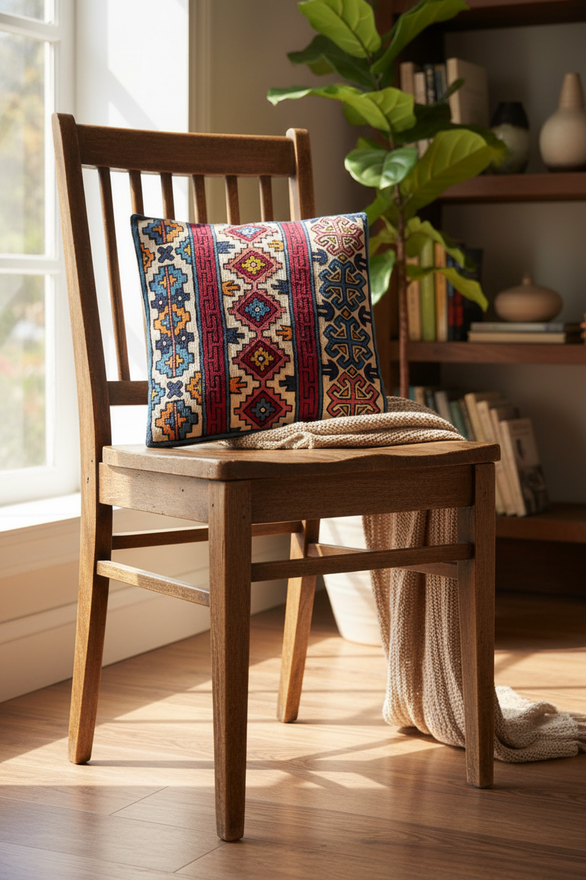 Wooden chair with a colorful Kashmiri embroidery patterned pillow in a room with a bookshelf and plant.
