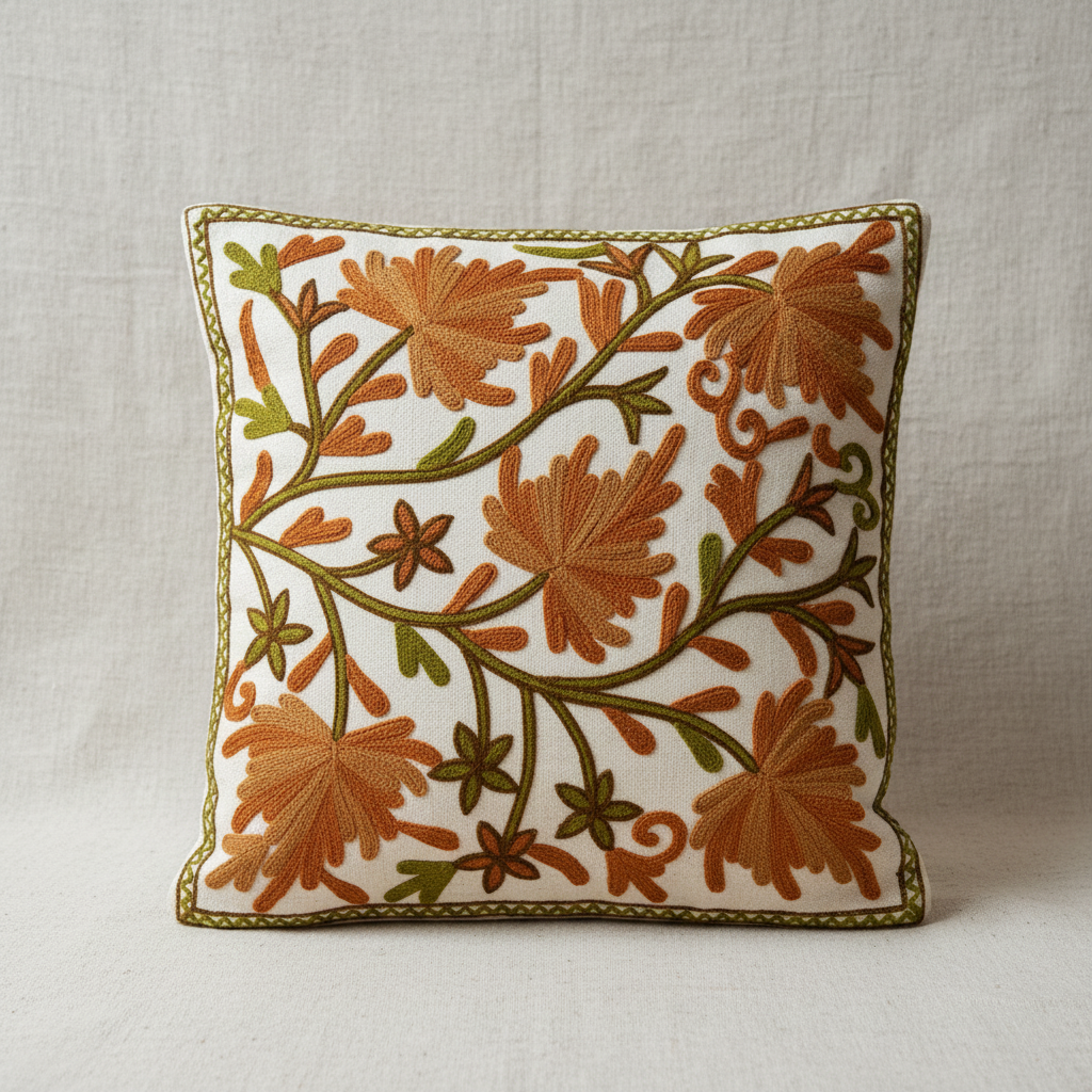 Decorative pillow with Kashmiri floral embroidery on a plain background