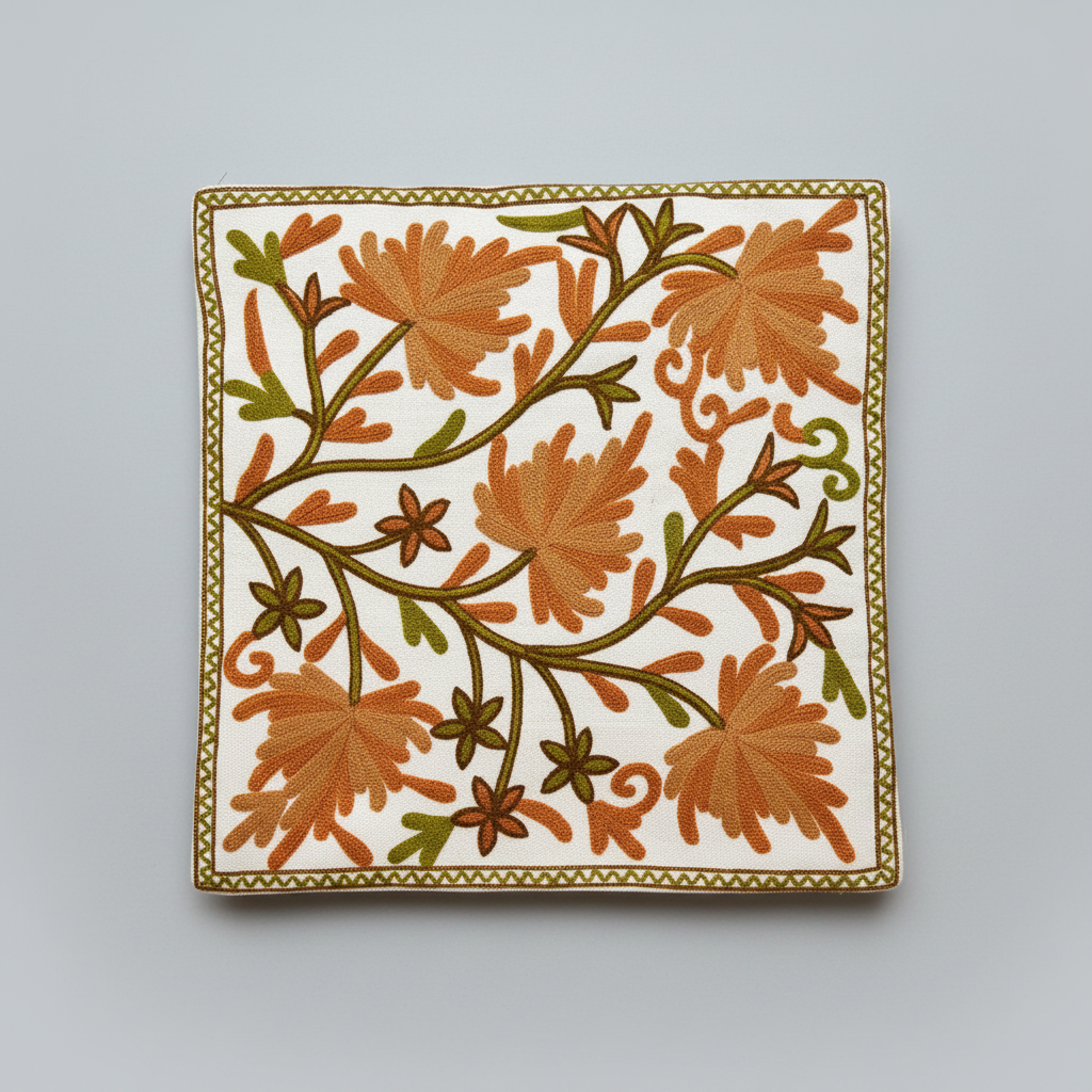 Decorative square cushion cover with floral Kashmiri embroidery pattern on a gray background