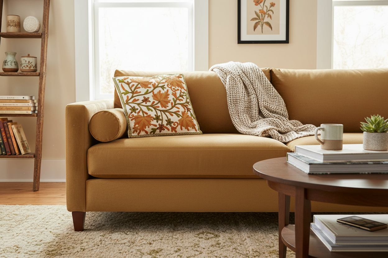 Brown sofa with decorative pillow with Kashmiri embroidery and blanket in a living room setting.