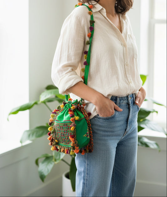 Kutchi Soof Embroidery Batwa | Emerald Heritage Textile Bag