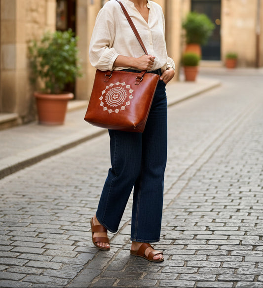 Brown leather tote bag with decorative pattern on a wooden surface