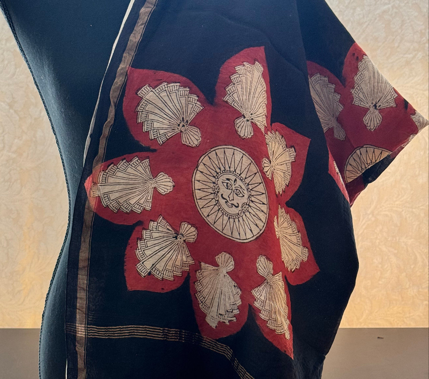 Cotton Chanderi Stole with Hand-Drawn Mata ni Pachhedi Art