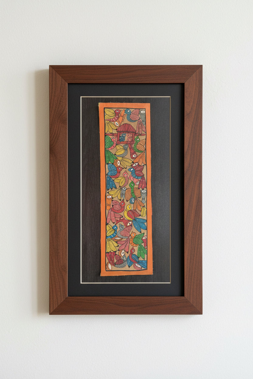 Colorful framed Bengal Pattachitra painting of bird artwork on an orange background