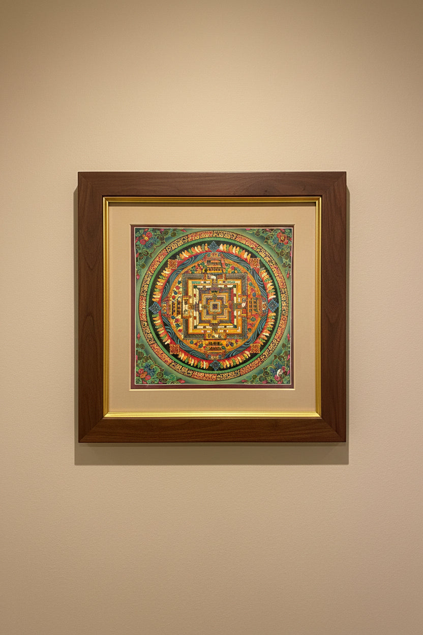 Colorful mandala design in Thangka art style on a beige surface