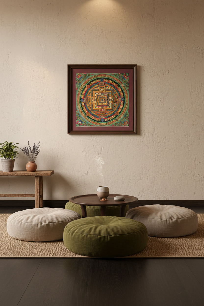 Colorful mandala design in Thangka art style against a dark wooden surface.