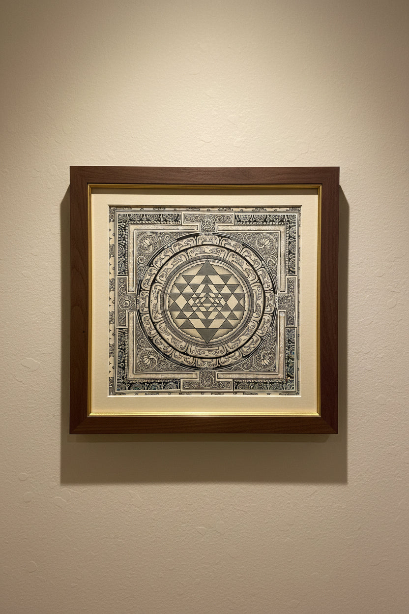 Shree yantra painting in Thangka art style with geometric design on a dark surface