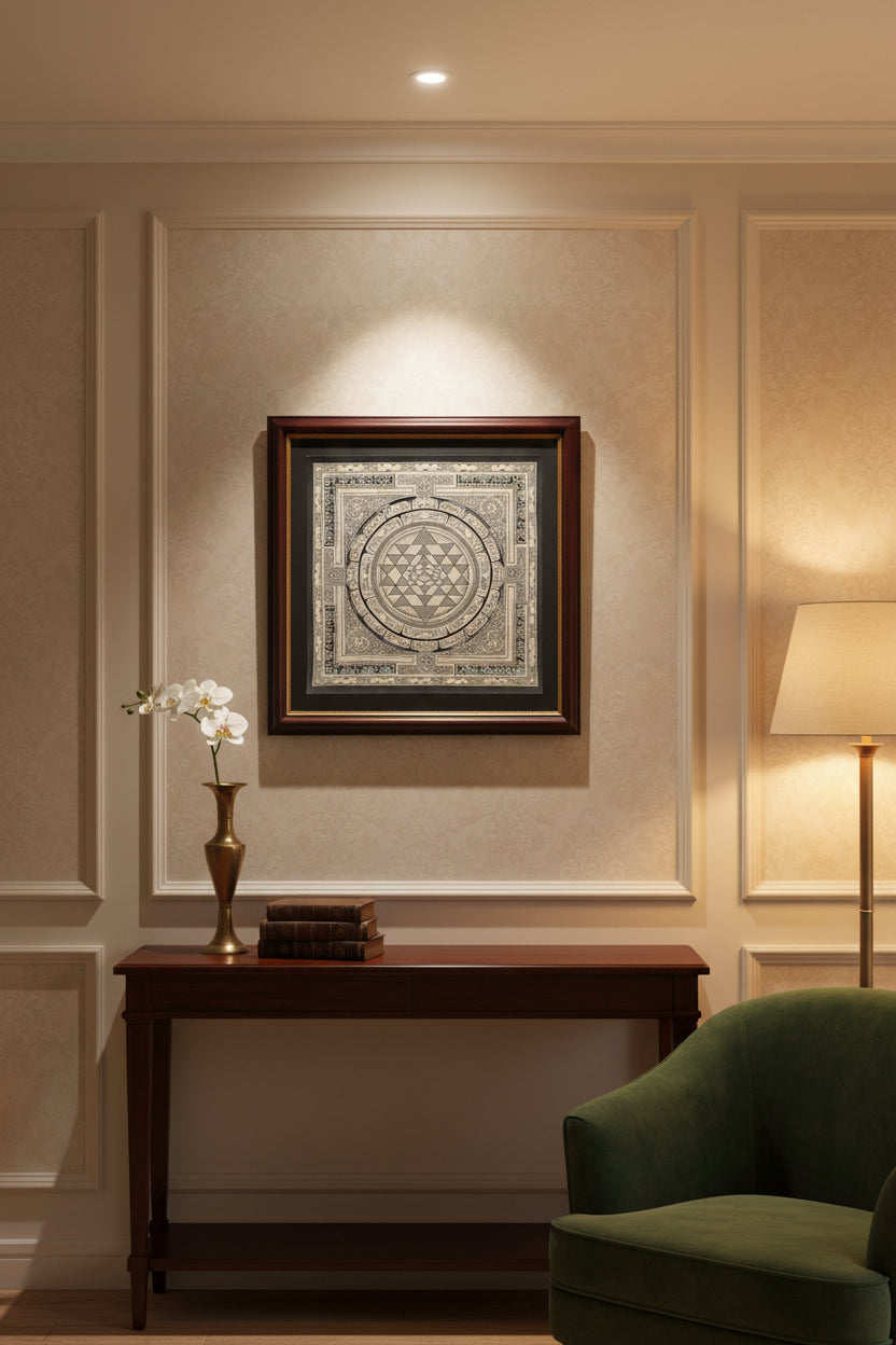 Shree yantra painting in Thangka art style, geometric design on a wooden floor