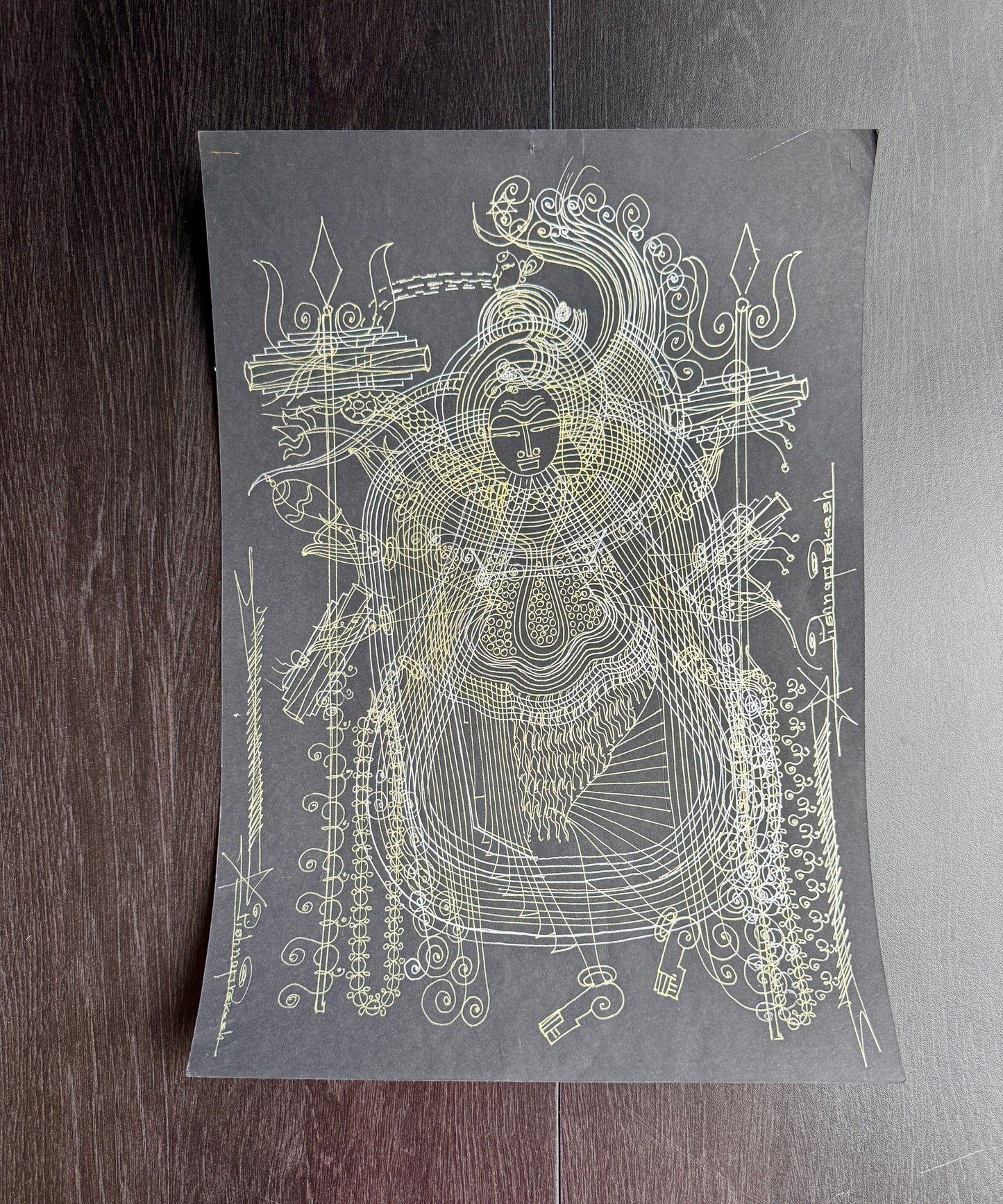 Surpur line painting of Shiva with intricate designs on a gray background